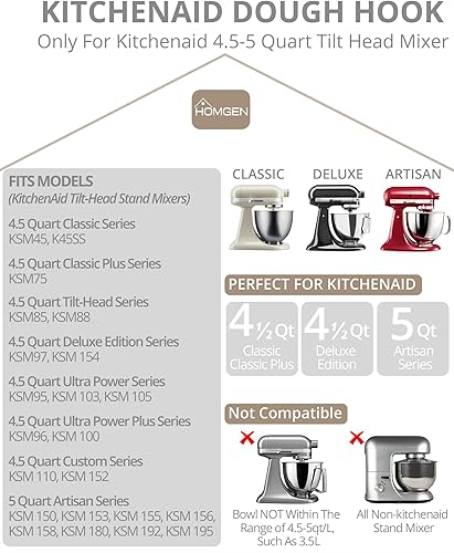 Miniatura 2 de HOMGEN Fit 4.5-5 Qt Kitchenaid - Gancho de acero inoxidable para mezclador de masa en espiral de acero inoxidable, accesorio para batidora de