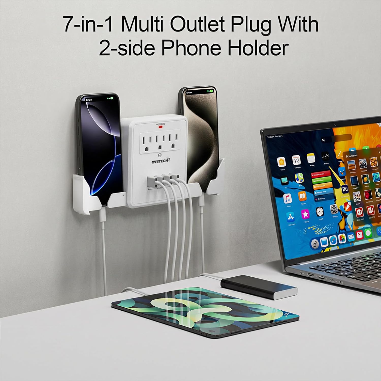 Multi Plug Outlet Extender with USB,Surge Protector Wall Mount Plug,3 Outlets and 4 USB Outlet Splitter Adapter with 2-Side Stretchable Phone Holder,ETL Listed,White,1 Pack.