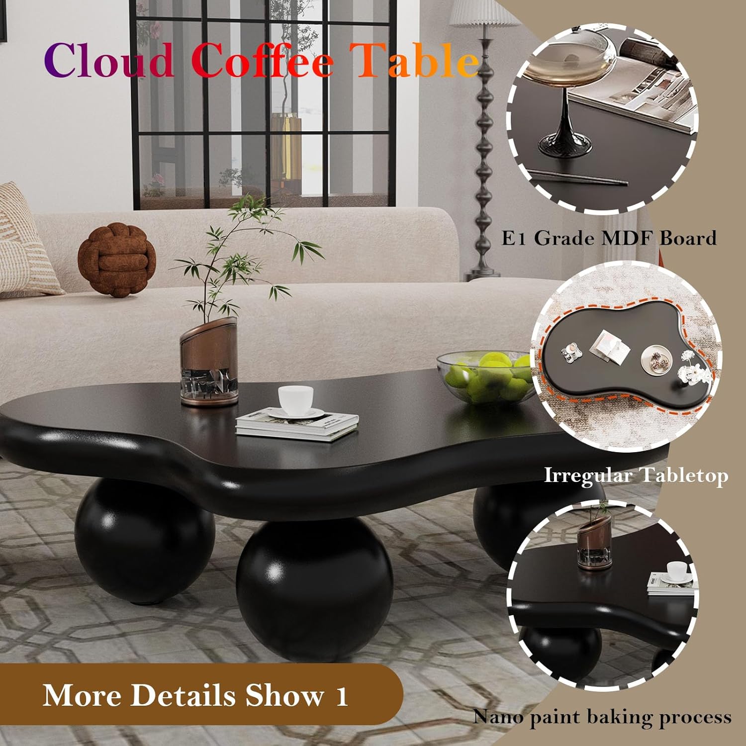 Cloud Shaped Coffee Table with 3 Ball Legs, Black Cute Funcky End Table, Modern Irregular Low Center Table for Living Room (D Black 46in)