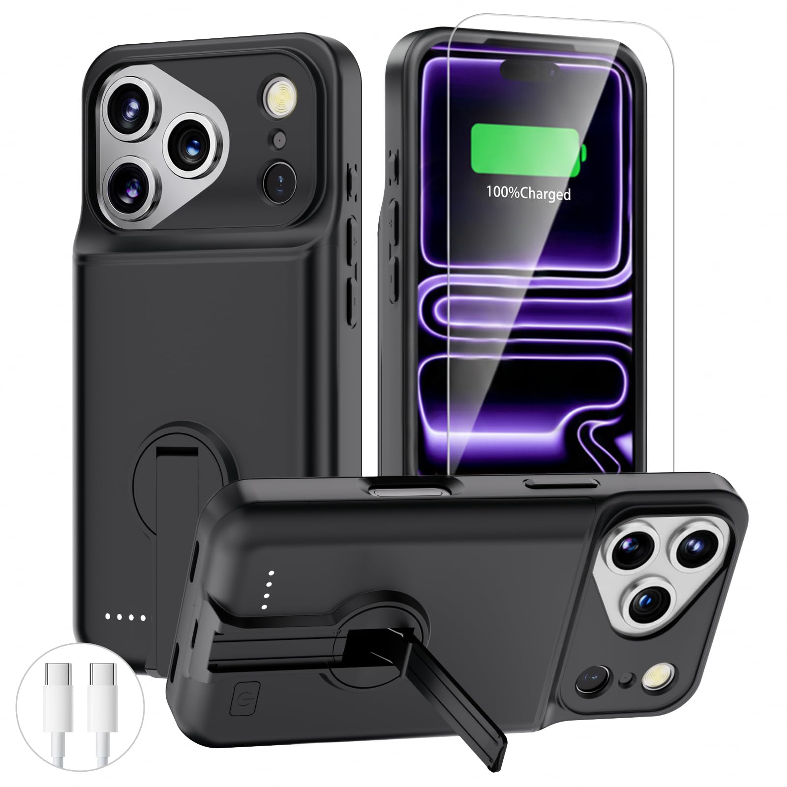 BOPPS Funda de batería para iPhone 17 Pro con soporte, potente funda de carga portátil de 8500 mAh, protección de 360°, recargable, funda de carga extendida para iPhone, color negro