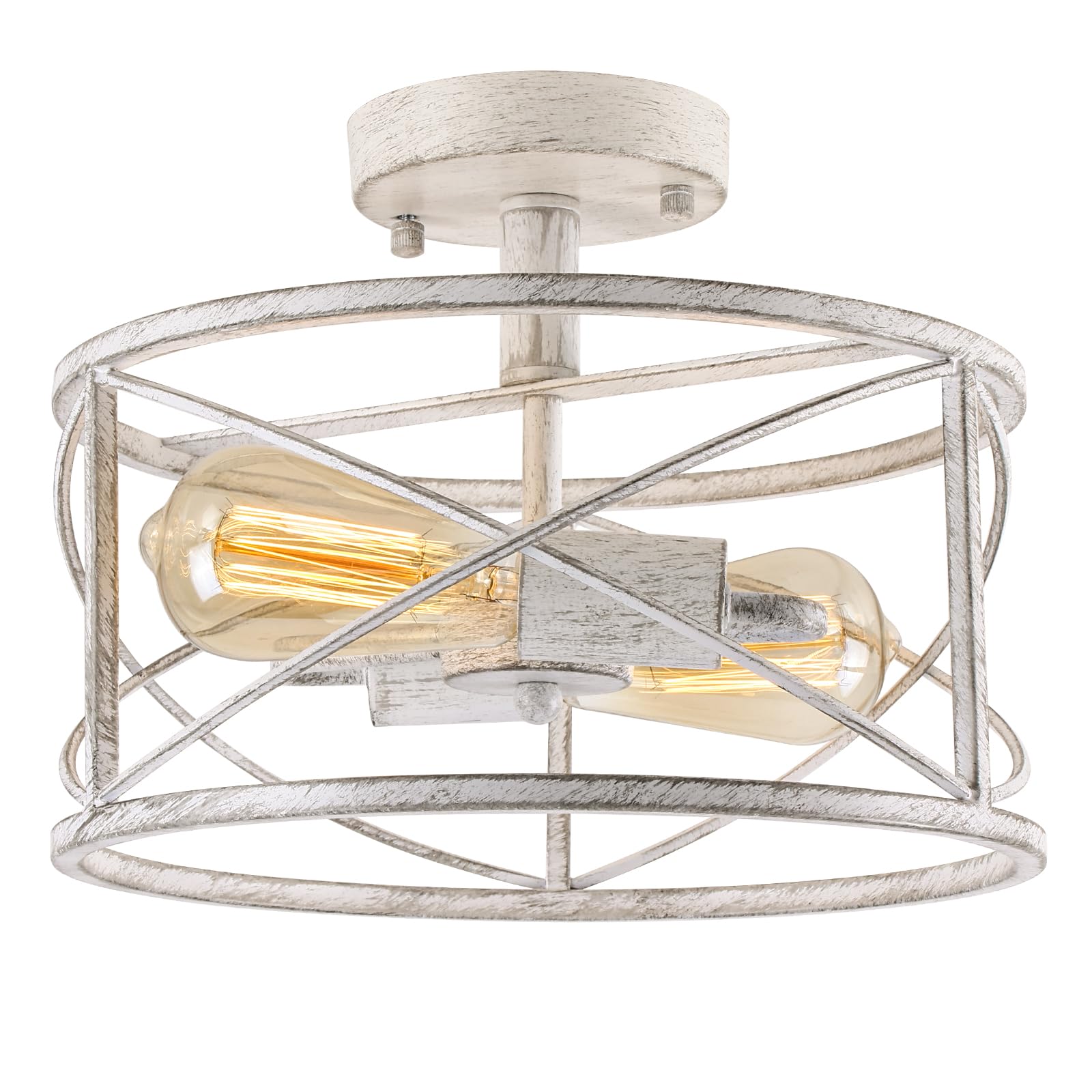 White Semi Flush Ceiling Light Fixture 2-Light Farmhouse Flush Mount Light Fixtures Modern Industrial Metal Cage Pendant Lighting