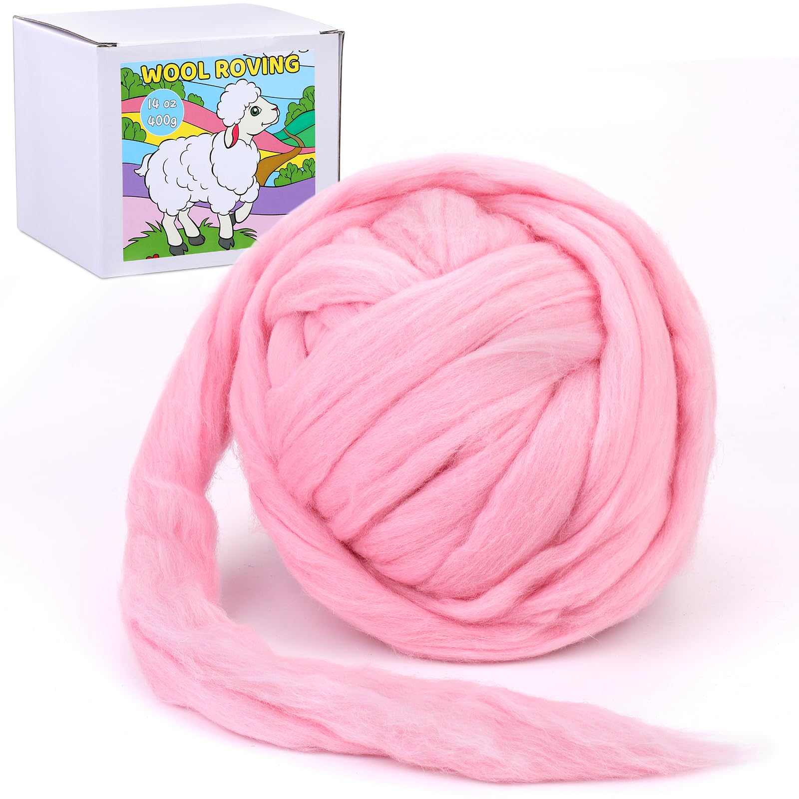 QMNNMA 14.1oz Wool Roving Bulk, Needle Felting Wool, Pink Fiber Roving Wool