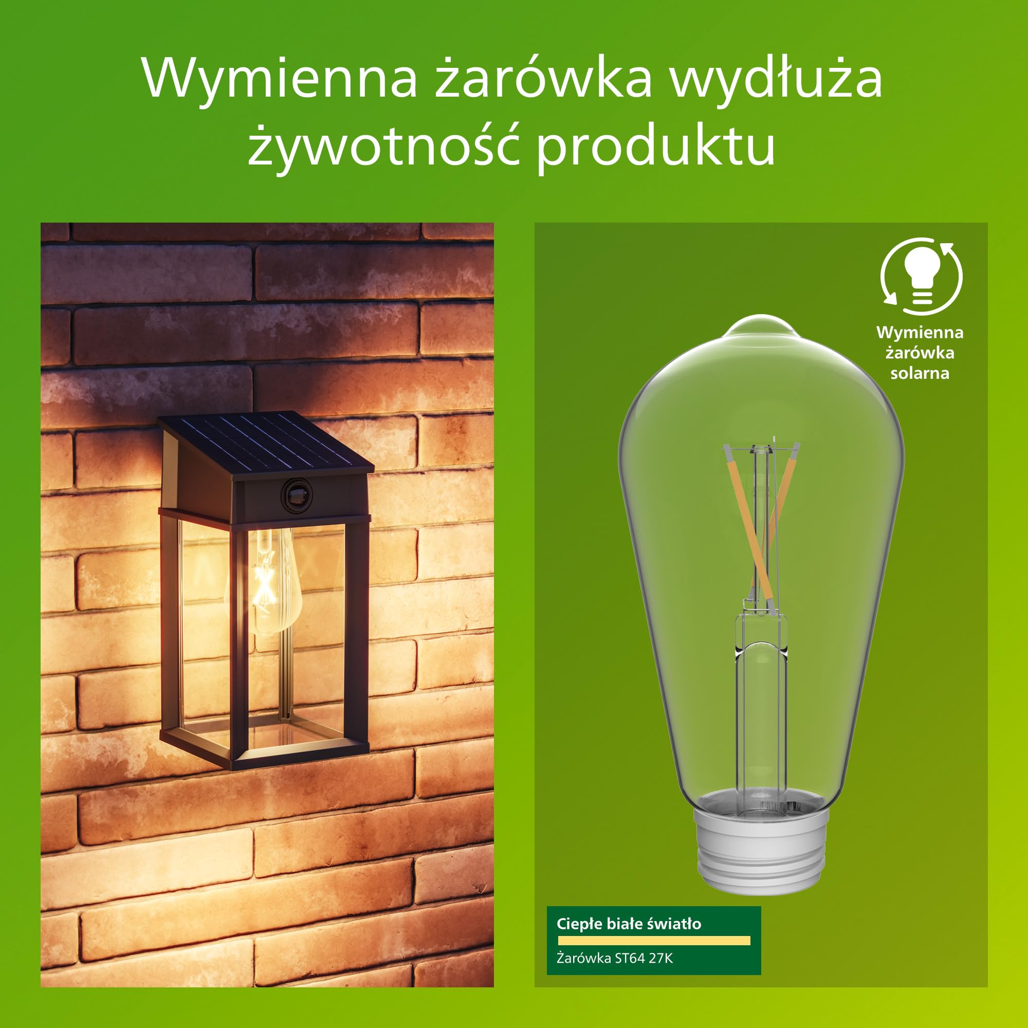 Philips Geri UltraEfficient Zewnętrzna Solarna Lampa Ścienna, Wymienna Żarówka Solarna, Czujnik Ruchu, 2700K, Kwadratowa, Czarna