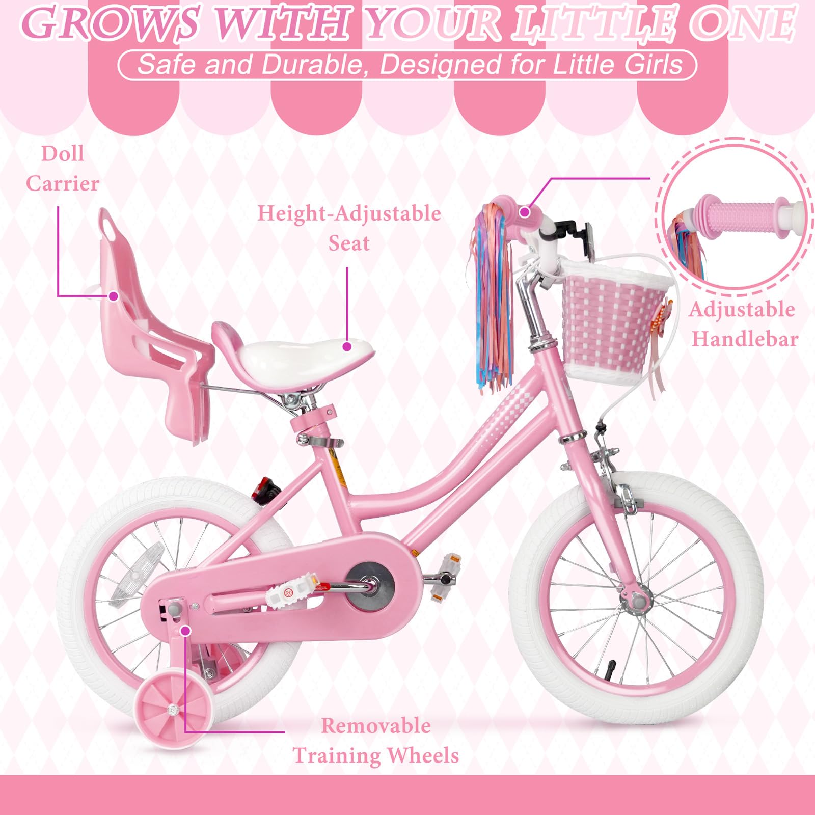 XJD Girls Bike for 2-12 Years Old Toddlers and Kids (Pink, 14 Inch with Training Wheels)