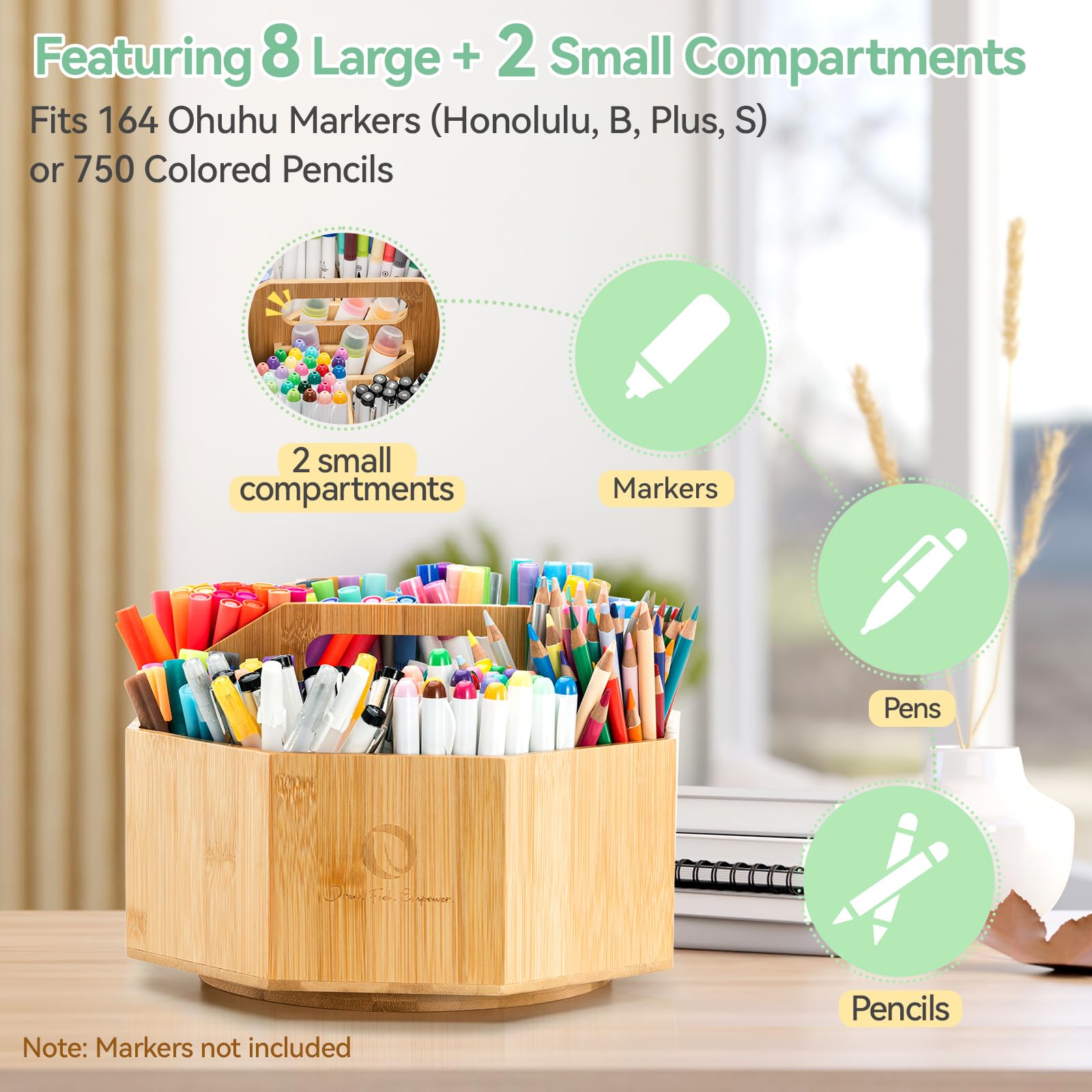 Ohuhu Organiseur rotatif pour marqueurs à alcool, rotation à 360 degrés en bambou pour bureau - Peut contenir 162 marqueurs Honolulu et B - Porte-crayons avec 8 compartiments pour la maison, la salle