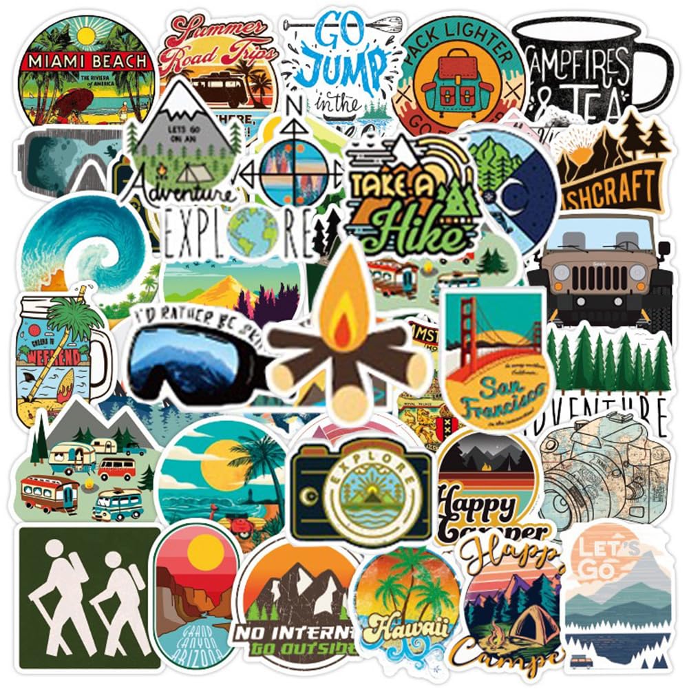 50 Pcs Outdoor Adventure Stickers| Wilderness Nature Hiking Camping Travel Waterproof Vinyl Stickers for Water Bottles Bicycle Laptop Refrigerator Luggage Computer Mobile Phone Skateboard Bike Decals