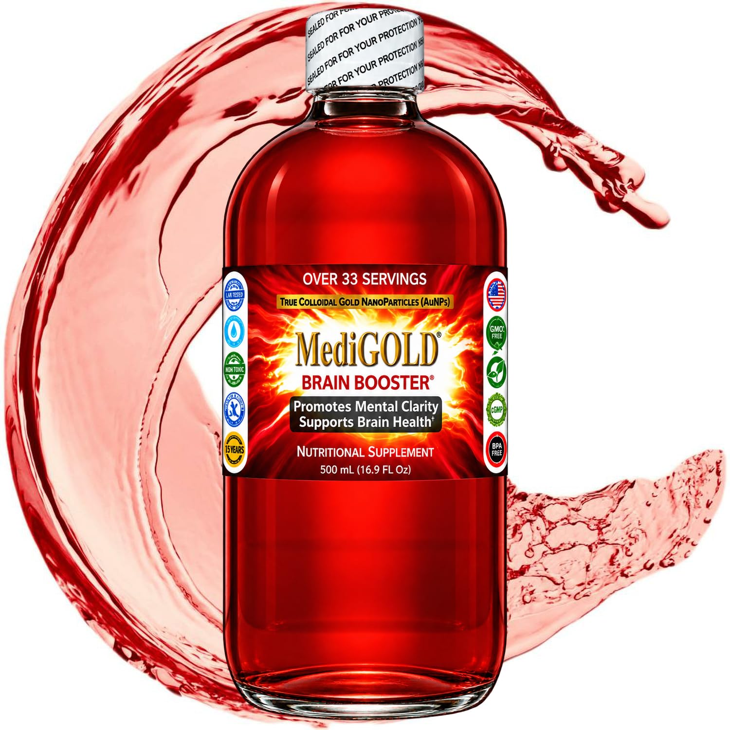 MediGOLD® True Colloidal Gold AuNP Nutritional Supplement - 500 mL in Clear Plastic Bottle Unflavored 16.9 Fl Oz (Pack of 1)