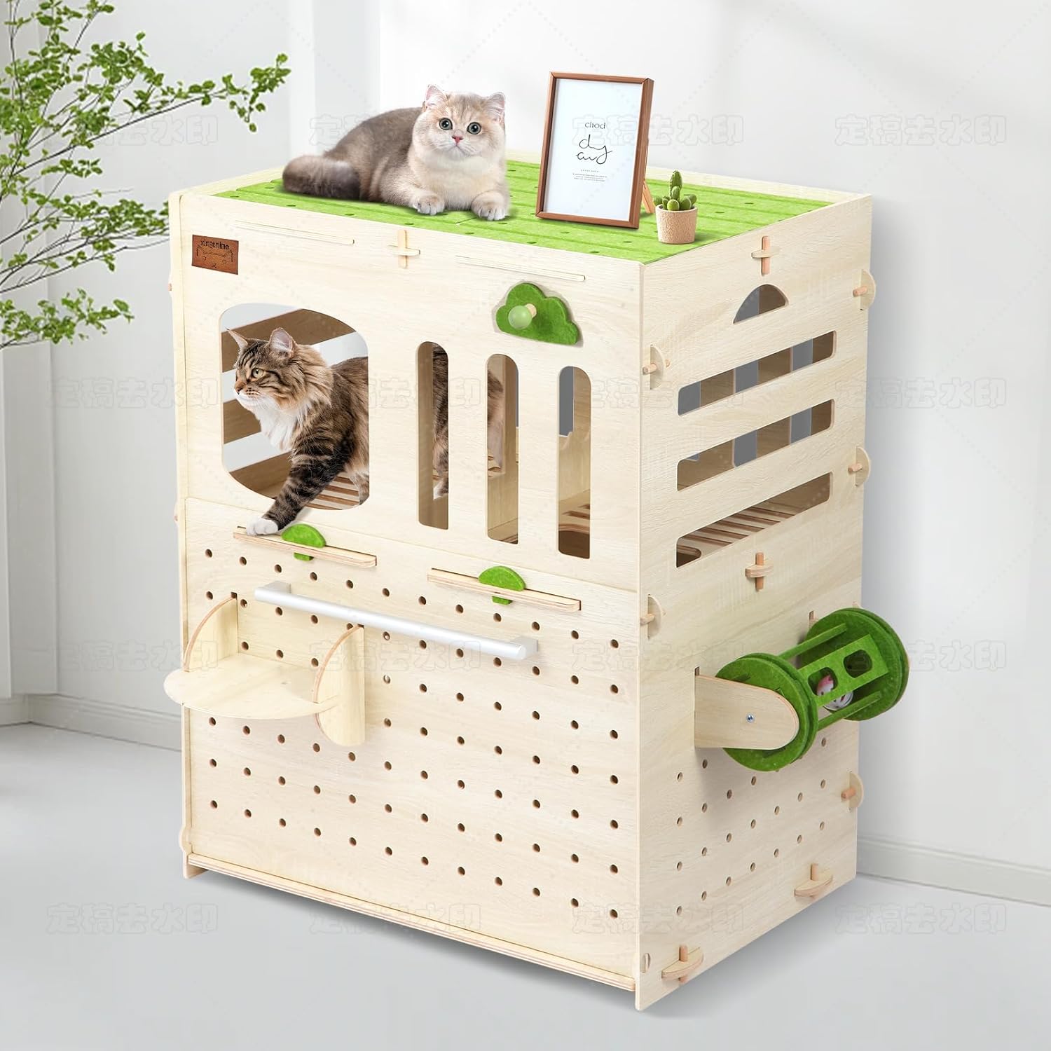 Litter Box Enclosure – Modern Nordic Cat Cabinet, 24.2"x16.54"x31.1" | Long Corridor Anti-Scatter | DIY Mortise Assembly | Scratch Pad & Toy | Premium Marine Birch Plywood