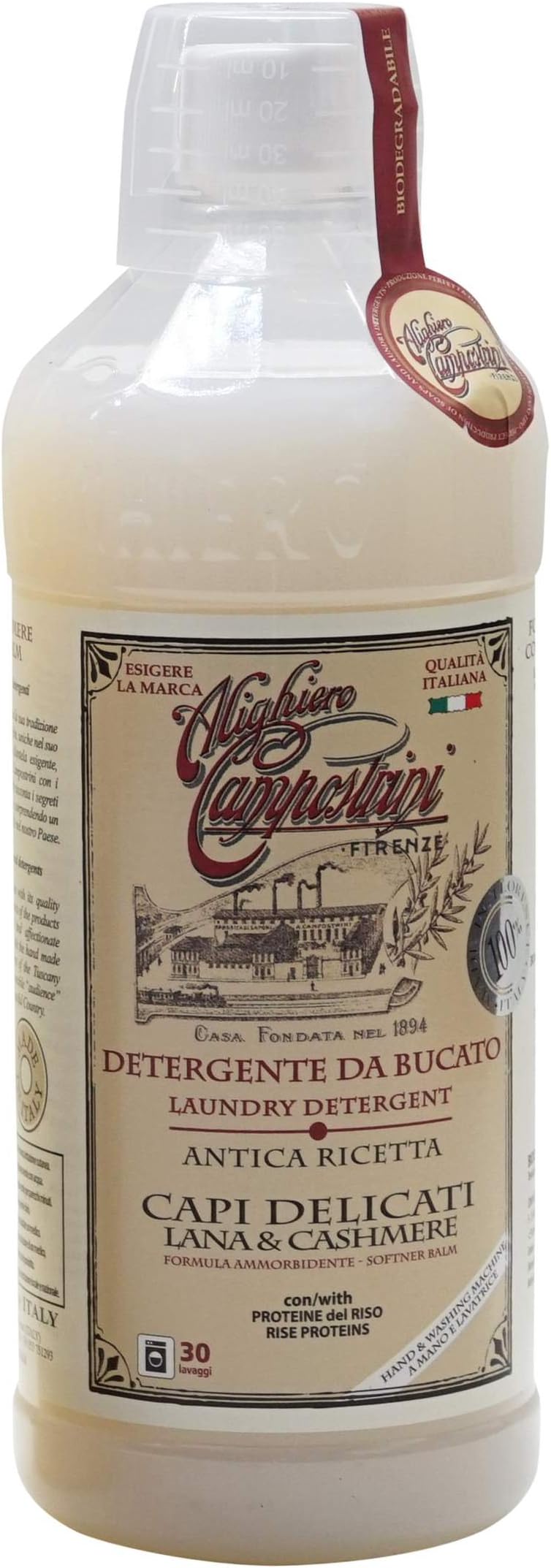 "Capi Delicati Lana & Cashmere" Wool and Cashmere Delicate Laundry Detergent, Measuring Cup 33.3 Fluid Ounces (1000ml) Bottle [ Italian Import ]