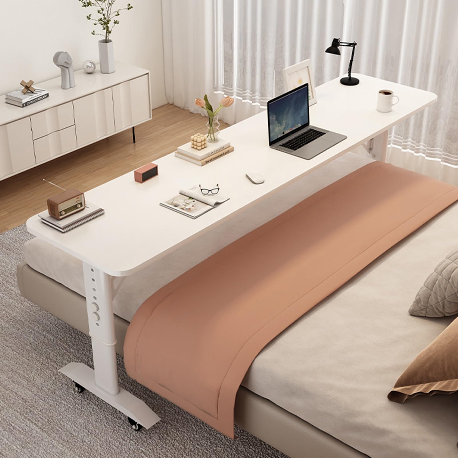Mesita de Noche médica, Escritorio de Oficina Multifuncional para el hogar, Mesa de Cuidado de Cama de pie, Adecuada para el hogar, Hospital (Matte White 47.2in/120cm)