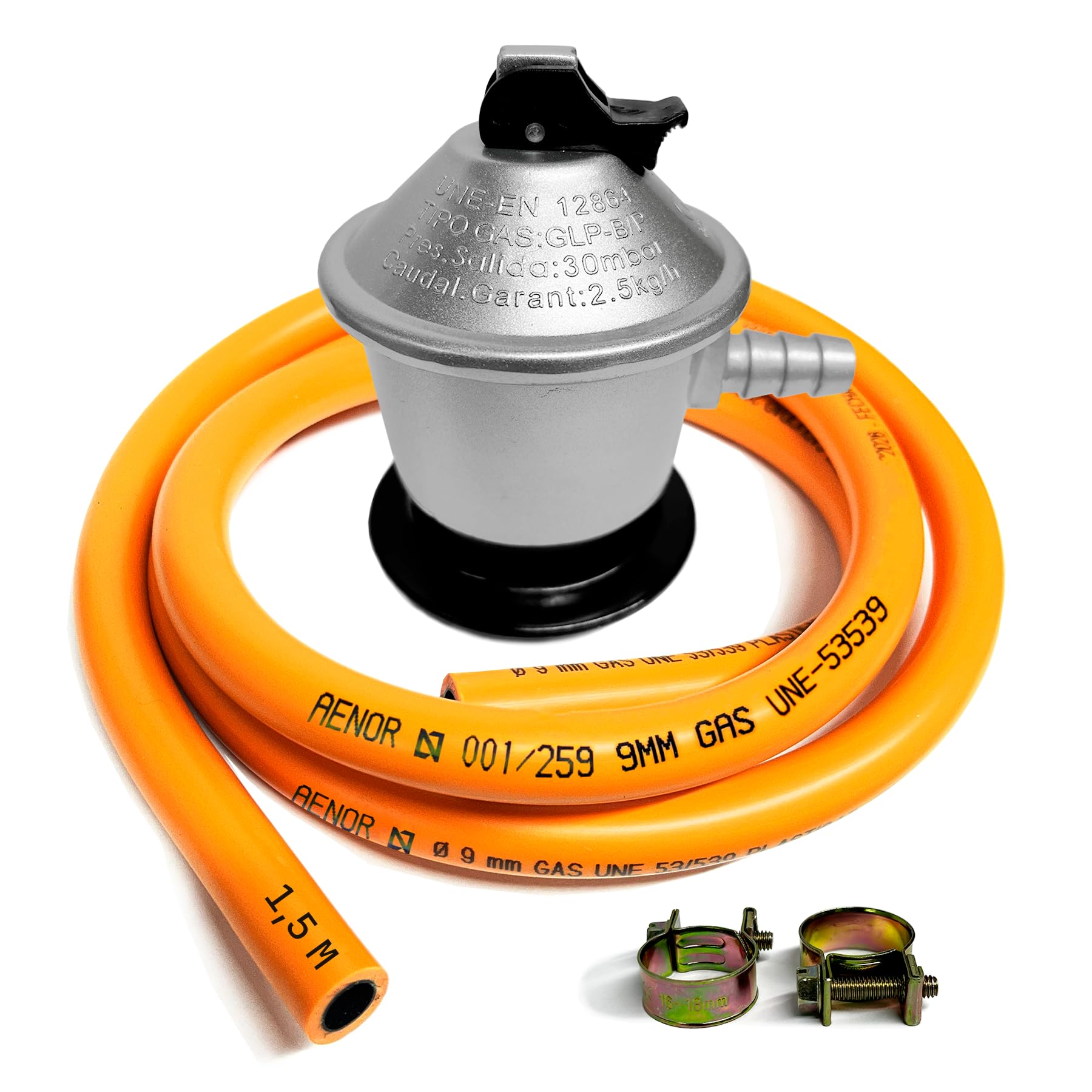 Kit Regulador Gas Butano 30 mbar Homologado + Manguera 1,5 m / 3 m / 5 m y Abrazaderas – Regulador para Bombonas de Gas en Cocinas, Camping, Hornillos, Barbacoas y Paelleros (DOBLE XXL - 3,0 m) — view 10