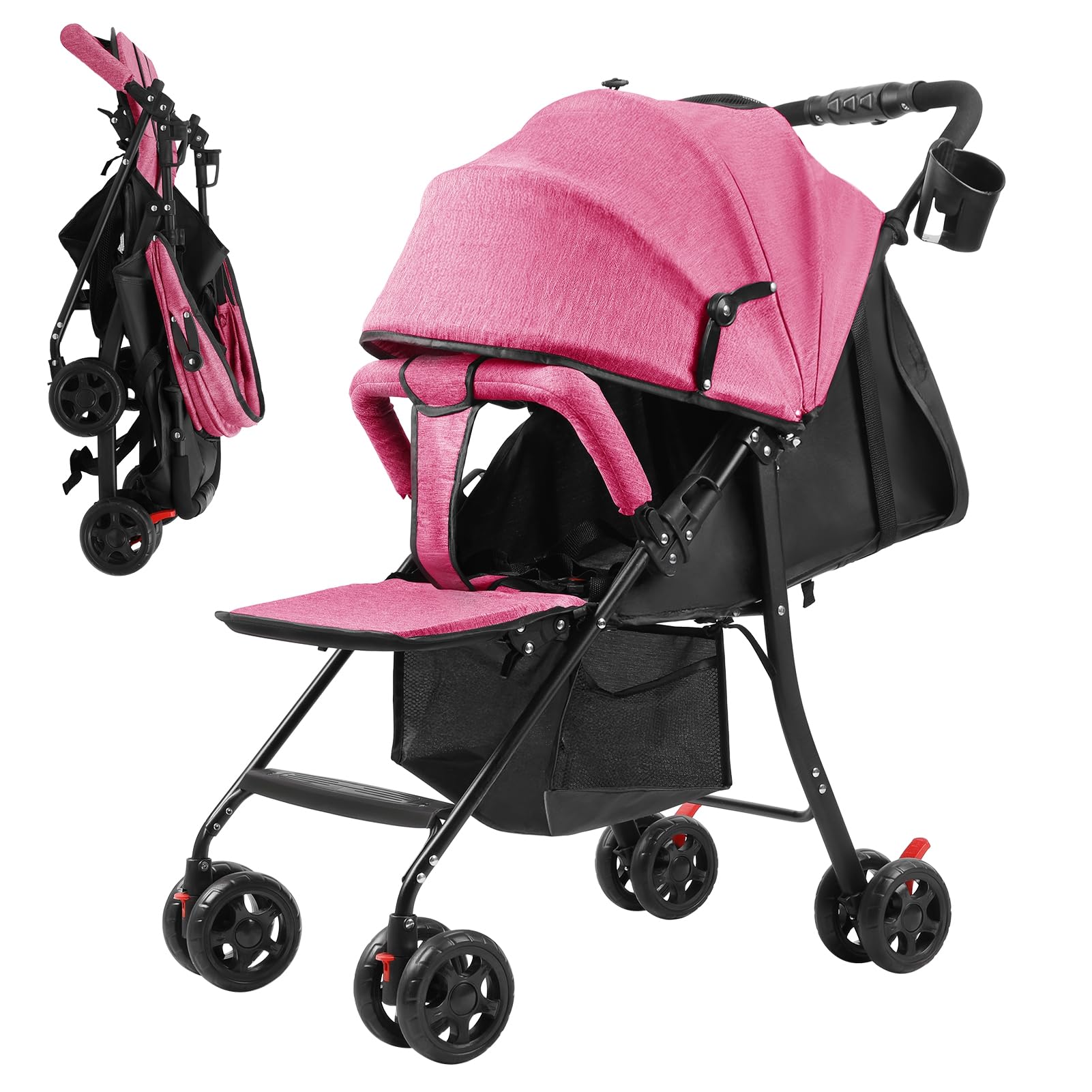 Lightweight Travel Baby Stroller, One-Hand Folding Pushchair with Adjustable Backrest, 5-Point Safety Harness, Large Storage Basket & Cup Holder for 0-2 Years Toddlers Pink