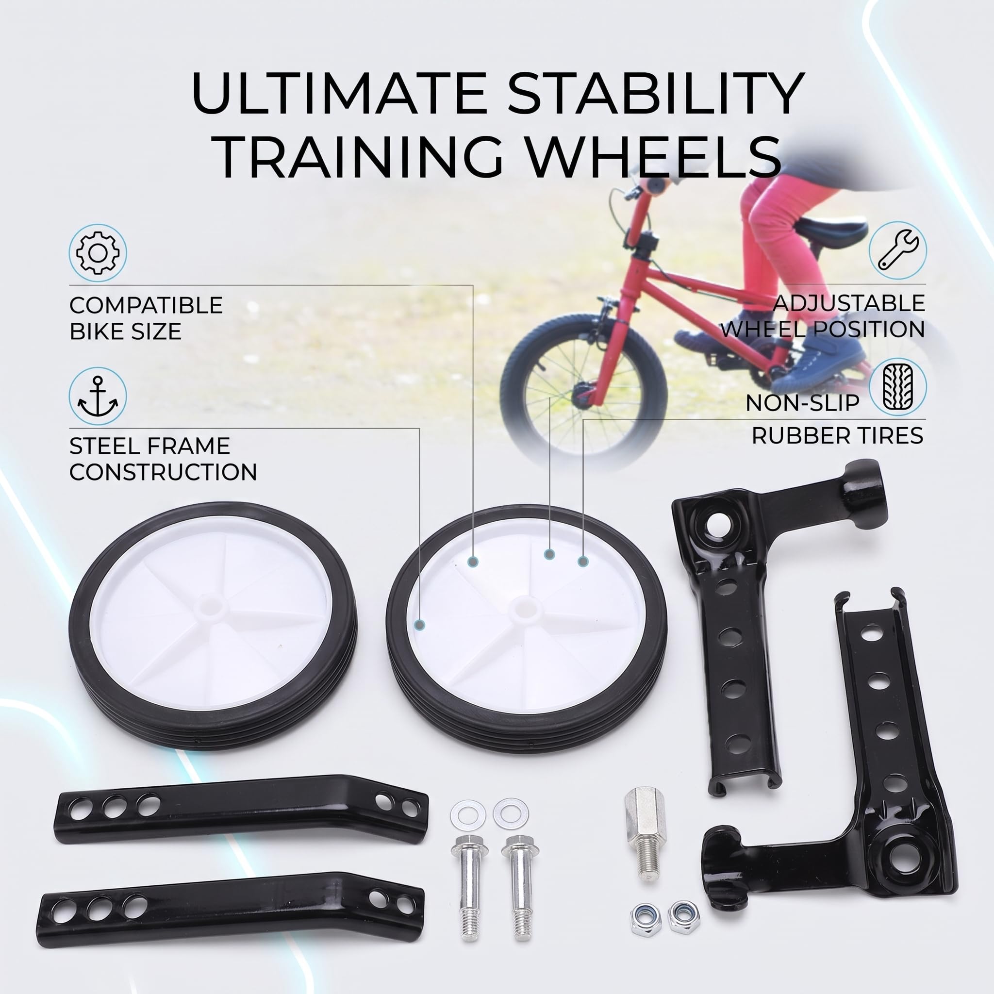 Ruedas de entrenamiento de ciclismo, altamente compatibles, carga de 100 kg, ruedas de entrenamiento ajustables y resistentes para bicicleta de niños de 18 a 24 pulgadas para principiantes (negro)