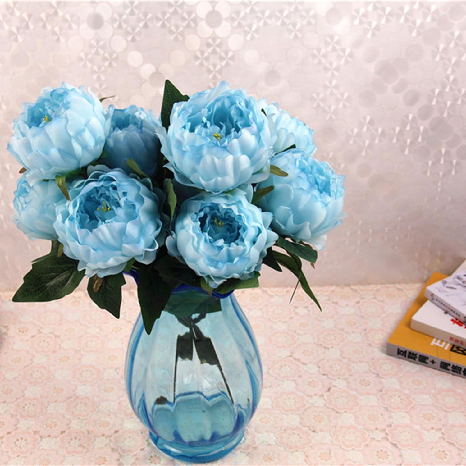 Artificial Peony Silk Flowers Bouquet Home Wedding Decoration, 1 Pack, 5 Heads (Turquoise) - Image 5