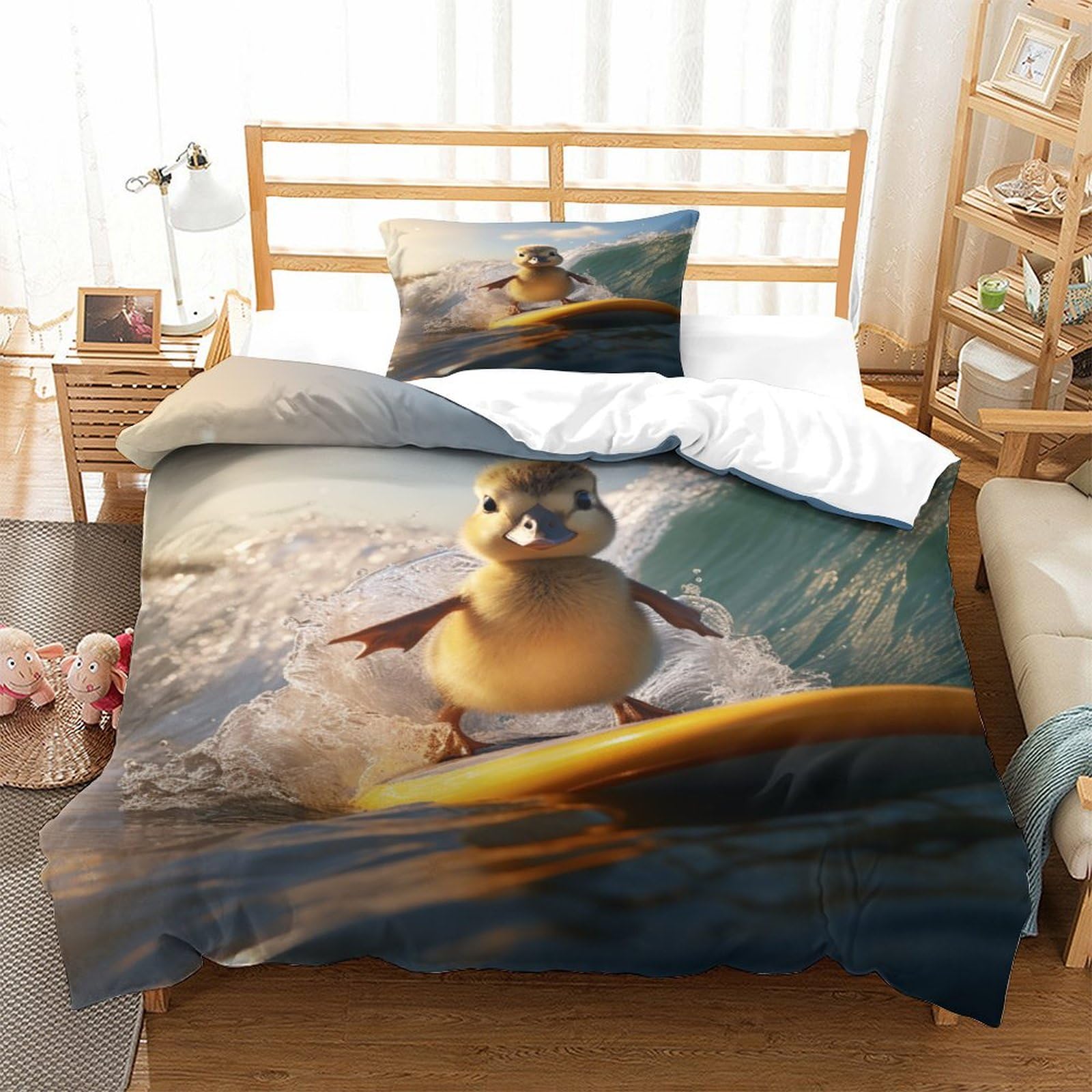 P1S9U7W5Y Sunny Surfing Penguin 3D Printed 3 Pieces Duvet Cover Microfiber Bedroom Decor Penguin Bedding Set for Teens Dorm Single（135x200cm）