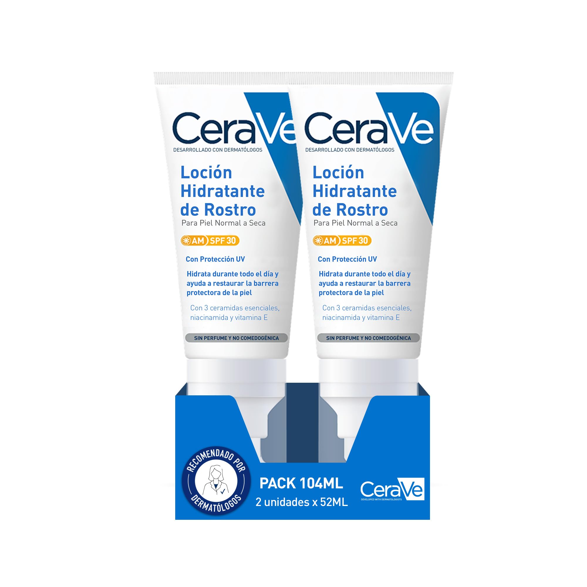 CeraVe, Loción Hidratante de Rostro SPF 30 2x 52 ml, Para Piel Normal a Seca, Hidratación y Protección Contra los Rayos UVB/UVA, Enriquecida Con Ceramidas