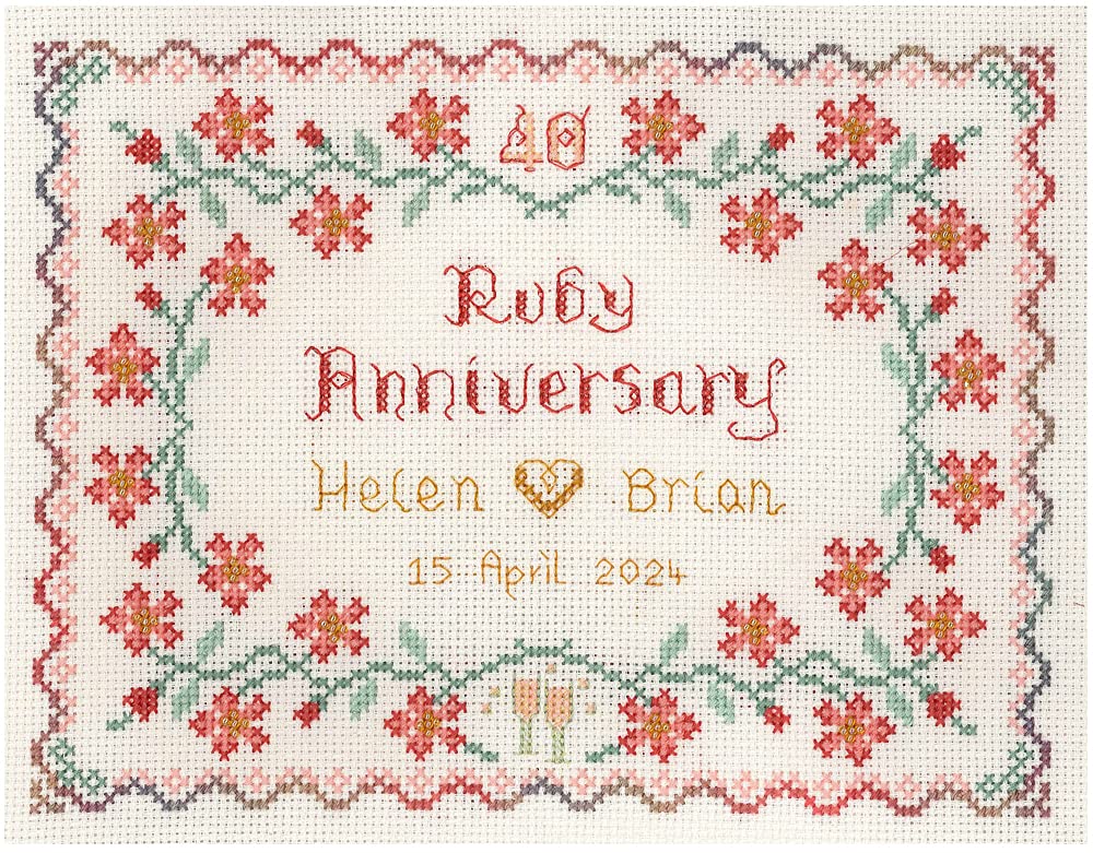 Ruby Wedding Anniversary Sampler for 40 Years of Marriage - Complete Cross Stitch kit on 14 aida with Clear Colour Chart