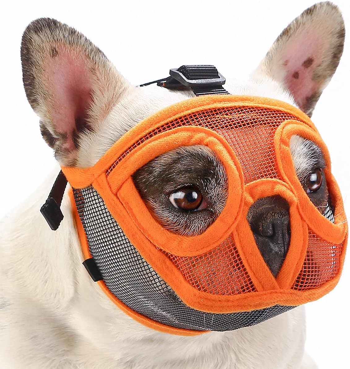 BARKLESS Short Snout Dog Muzzle, Breathable Mesh Flat Faced Muzzle for French Bulldog Shih Tzu and Pug, Mask Bulldog Mouth Cover for Biting Chewing Licking (Orang, L)