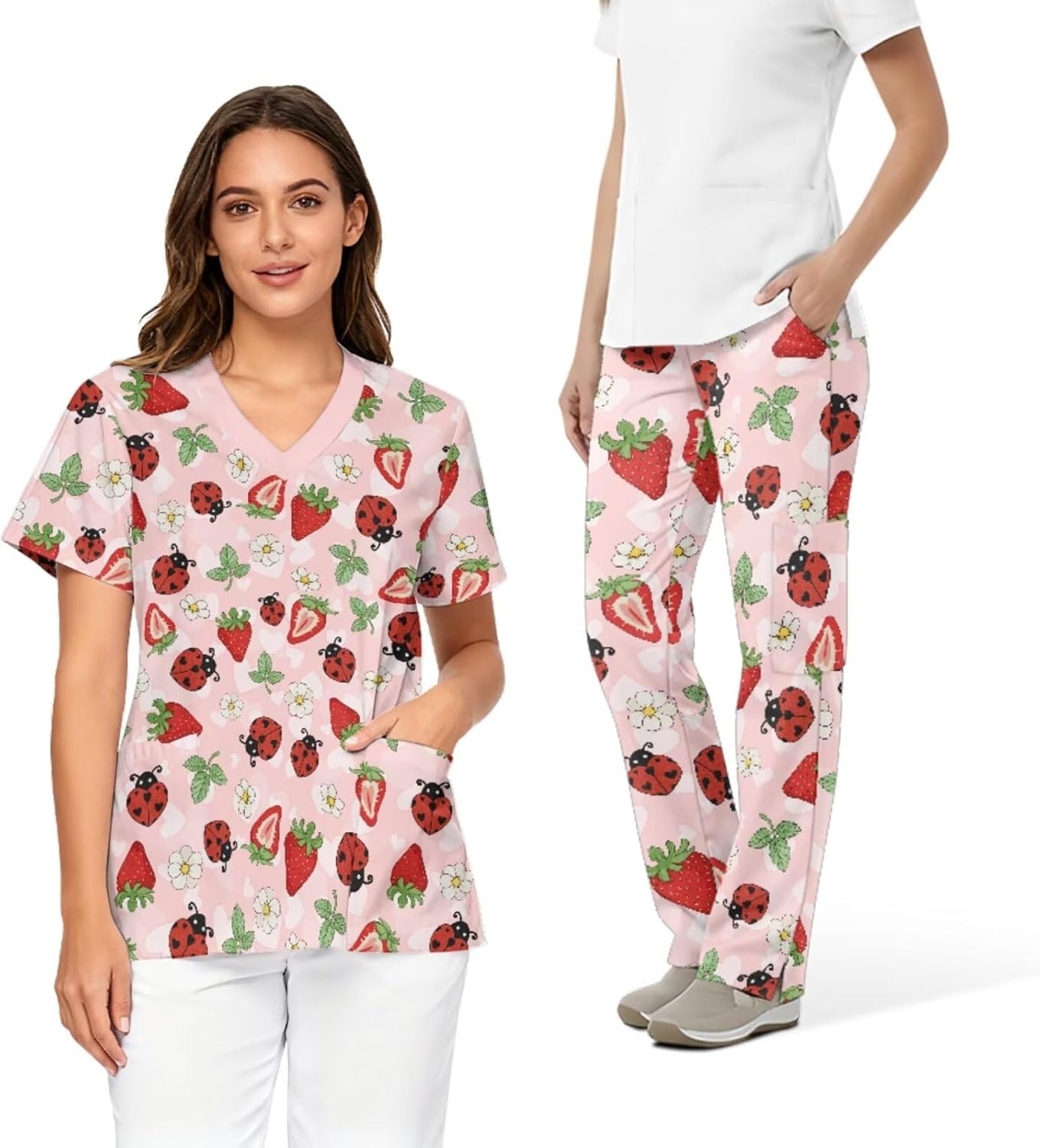 Printed Scrubs Set for Women Stretch V-Neck Scrub Tops with Pants, Pocket Medical Uniform for Nurse Doctor Work