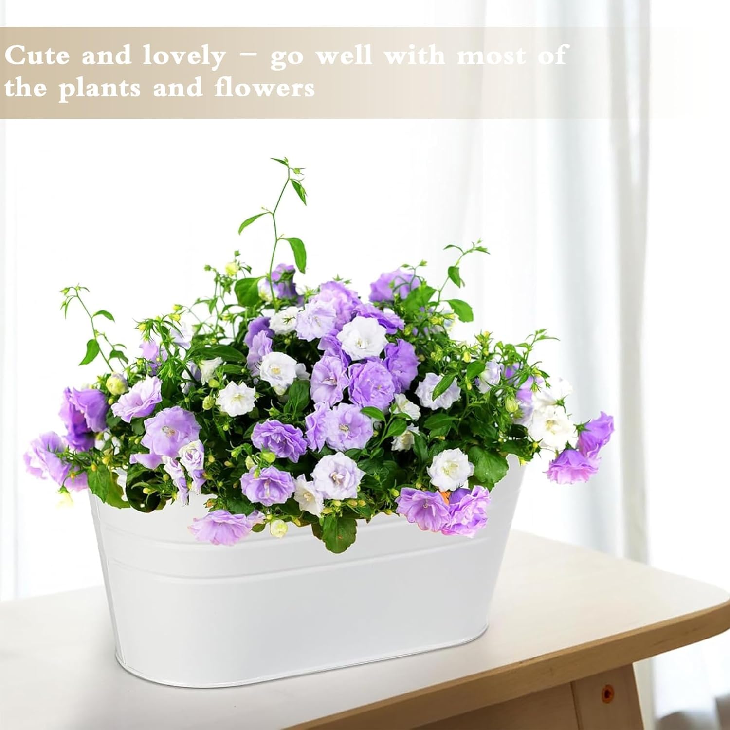 3 Pack 10.6 Inch Metal Hanging Flower Pot Oval Metal Railing Planter Balcony with Detachable Hook Indoor Outdoor Decor for Railing Fence Balcony Garden （White）