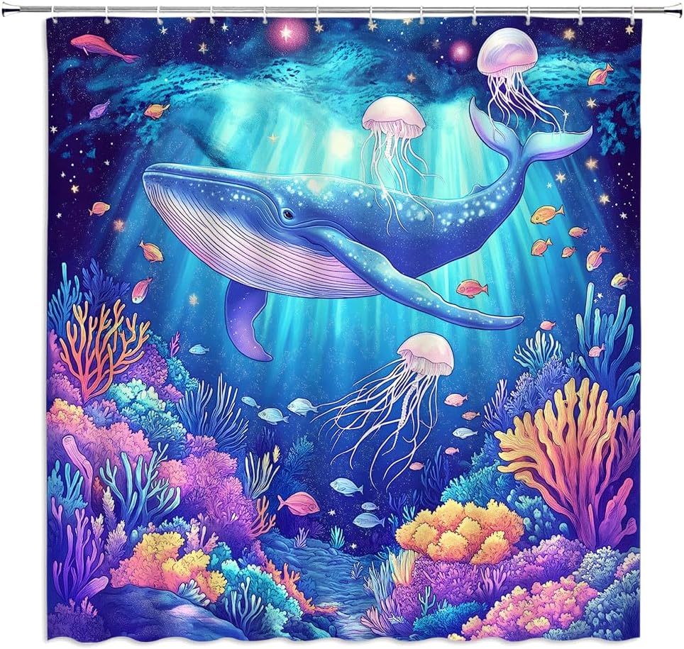 Whale Shower Curtain Fantasty Blue Ocean Fish Jellyfish Colorful Coral Reefs Underwater Animals Nautical Marine Life Watercolor Modern Art Fabric Bathroom Decor Curtains with Hooks,82 x 70