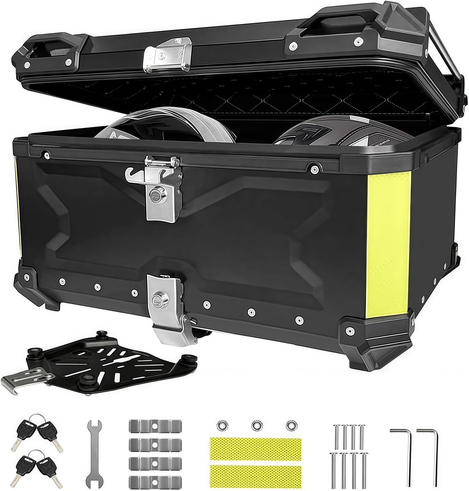 65L Motorcycle Top Case, Aluminum Luggage Box with Lock & 4 Keys, Universal Black Tail Trunk with Baseplate Waterproof, Tail Box with Security Lock for Most Frames