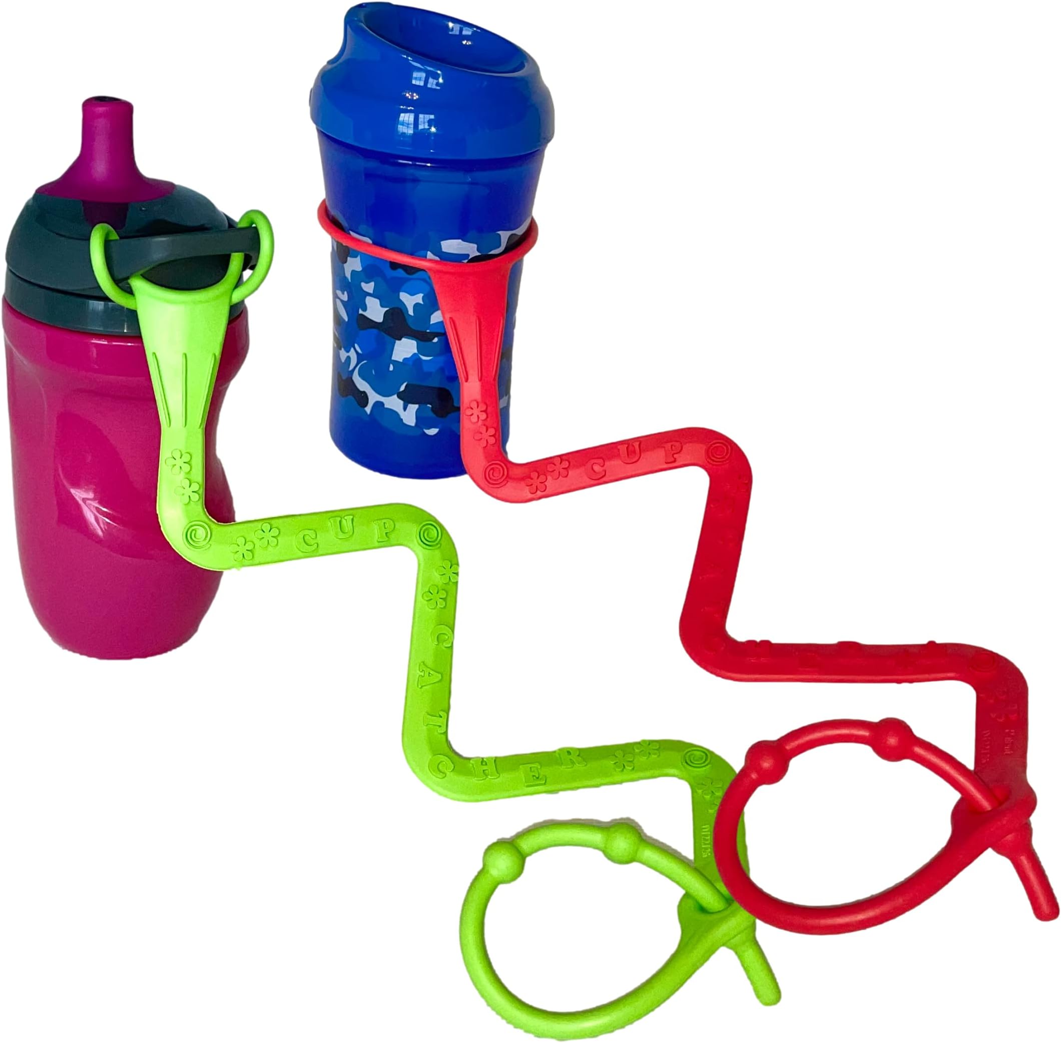 Cup Catcher - Patented Safety Tether to attach Sippy Cups, Bottles, Toys & Pacifiers to Strollers, High Chairs & Car Seats, Made in USA, FDA grade, Dishwasher Safe - 2 Pack (Lime & Red)