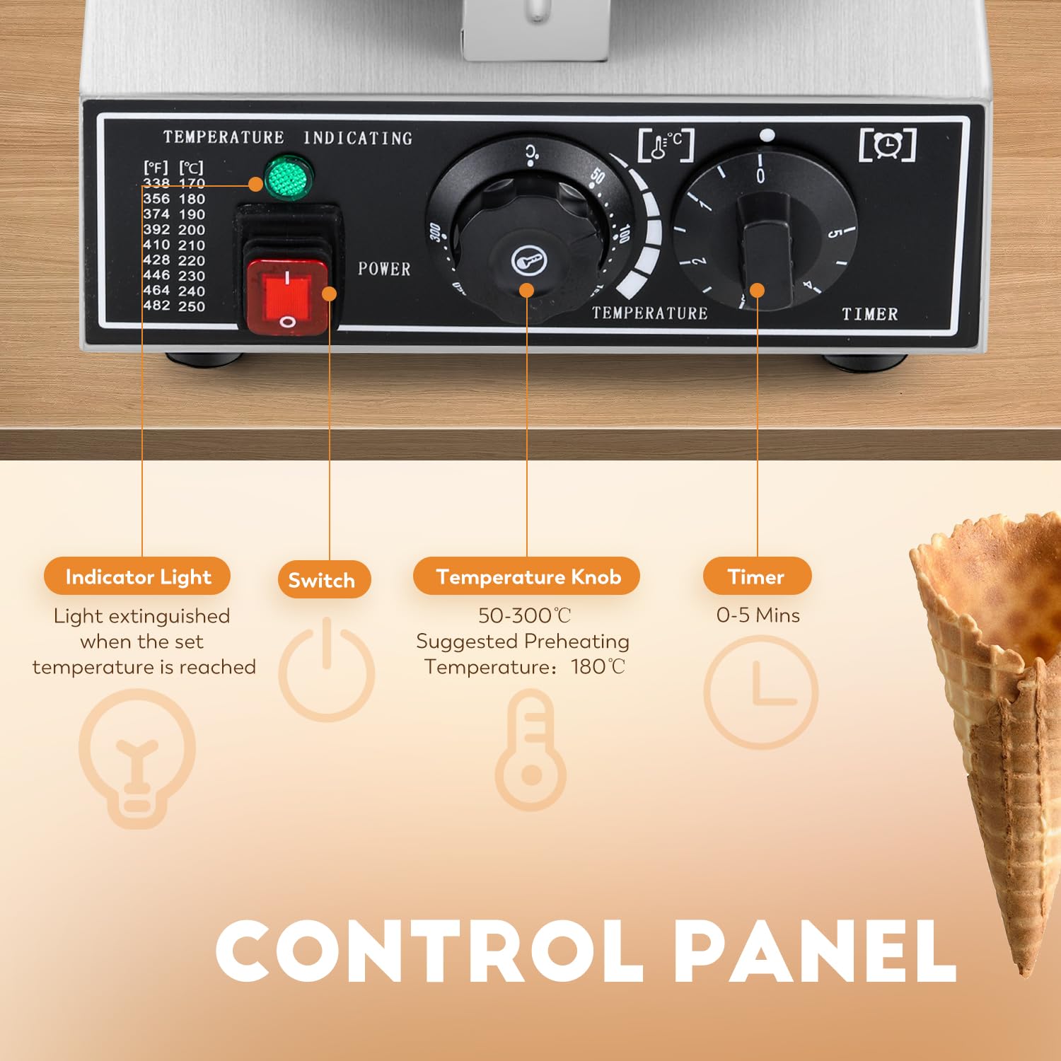 CGOLDENWALL Maquina de Barquillos Helado Eléctrica 1000W, con Antiadherente Revestimiento, Temperatura y Tiempo Ajustable, Comercial Máquina Gofrera para Conos para Cafeterías y Restaurantes