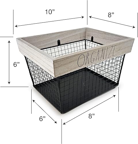 Miniatura 2 de Rae Dunn Cesta de almacenamiento de alambre  Organizador de metal y madera clara  Contenedor de almacenamiento decorativo  Organizadores para el
