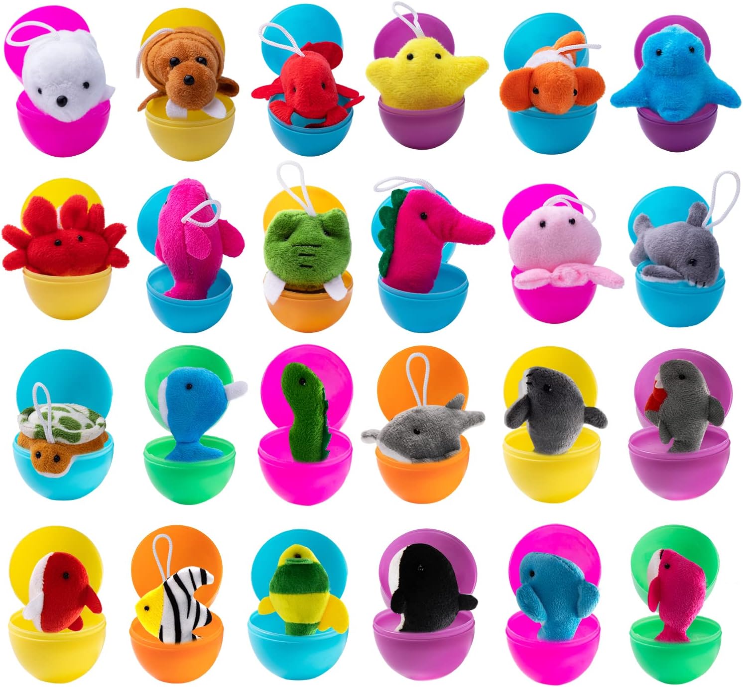 JOYIN 24 Pcs Prefilled Easter Eggs with Sea Animal Plush Toy Set, Mini Ocean Toys Creatures Stuffed Keychain for Kids Egg Hunt, Easter Basket Stuffers, Party Favor