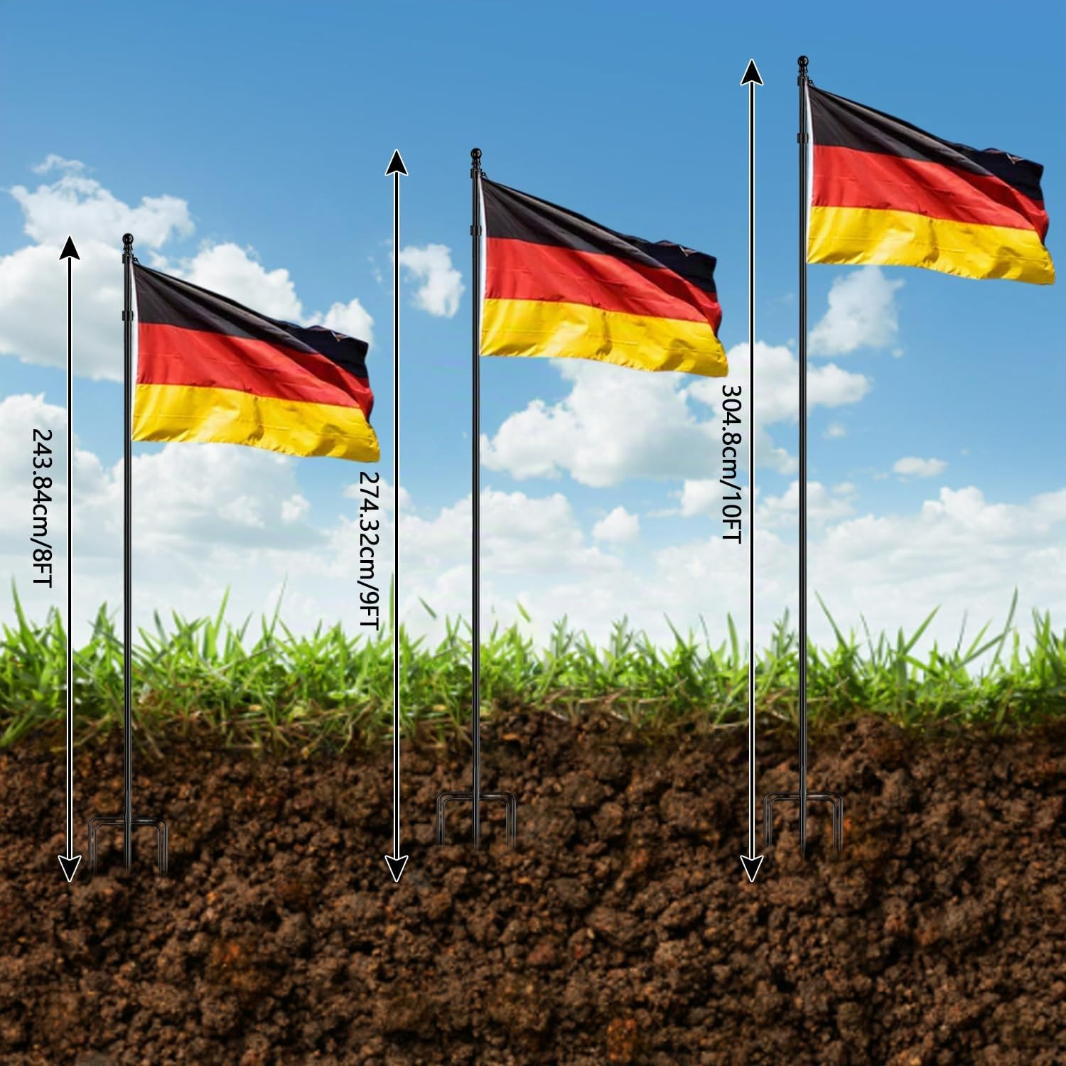Fahnenmast, 3m, Aluminium, mit Erdspieß, für Garten und Terrasse