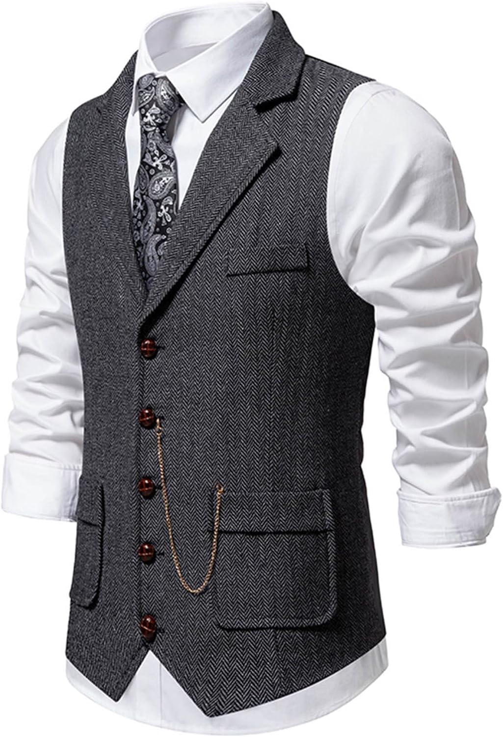 Men's Herringbone Tweed Suit Vest Casual Wool Blend Waistcoat Vintage Formal Dress Vest V Neck Slim Fit Business Vests
