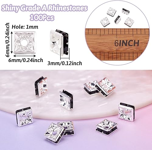 Miniatura 4 de Crafans 100 cuentas cuadradas de latón con diamantes de imitación de 0.236 x 0.118 pulgadas, color plateado, grado A, cuentas espaciadoras de