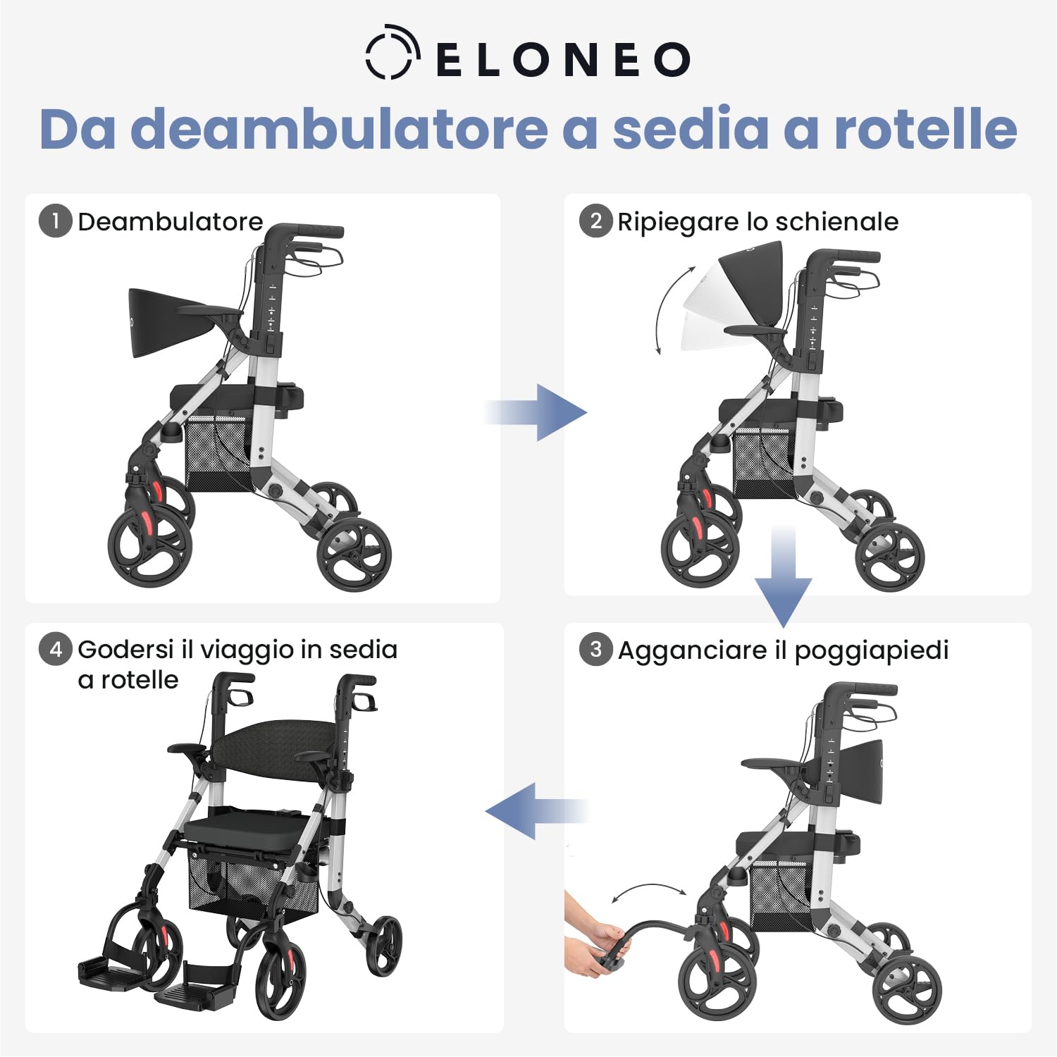 ELONEO Sedia a Rotelle Rollator 2 in 1 Pieghevole e Leggero con Seduta, Rollator da Esterno Pieghevole e Leggero per Tutti i Terreni, Deambulatore in Alluminio, Sedia a Rotelle da Trasporto, argento