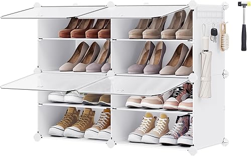 SONGMICS Zapatero, organizador de zapatos de 4 cubos con puertas, 16 pares de gabinete de almacenamiento de zapatos de plástico, para dormitorio,