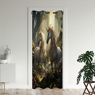 Unicorn Door Curtains for Doorways, Forest Magic Colorful Horse Fantasy Animal Blackout Curtain for Kids Bedroom Closet, Grommet Thermal Insulated Privacy Door Drapes for Room Divider, 34