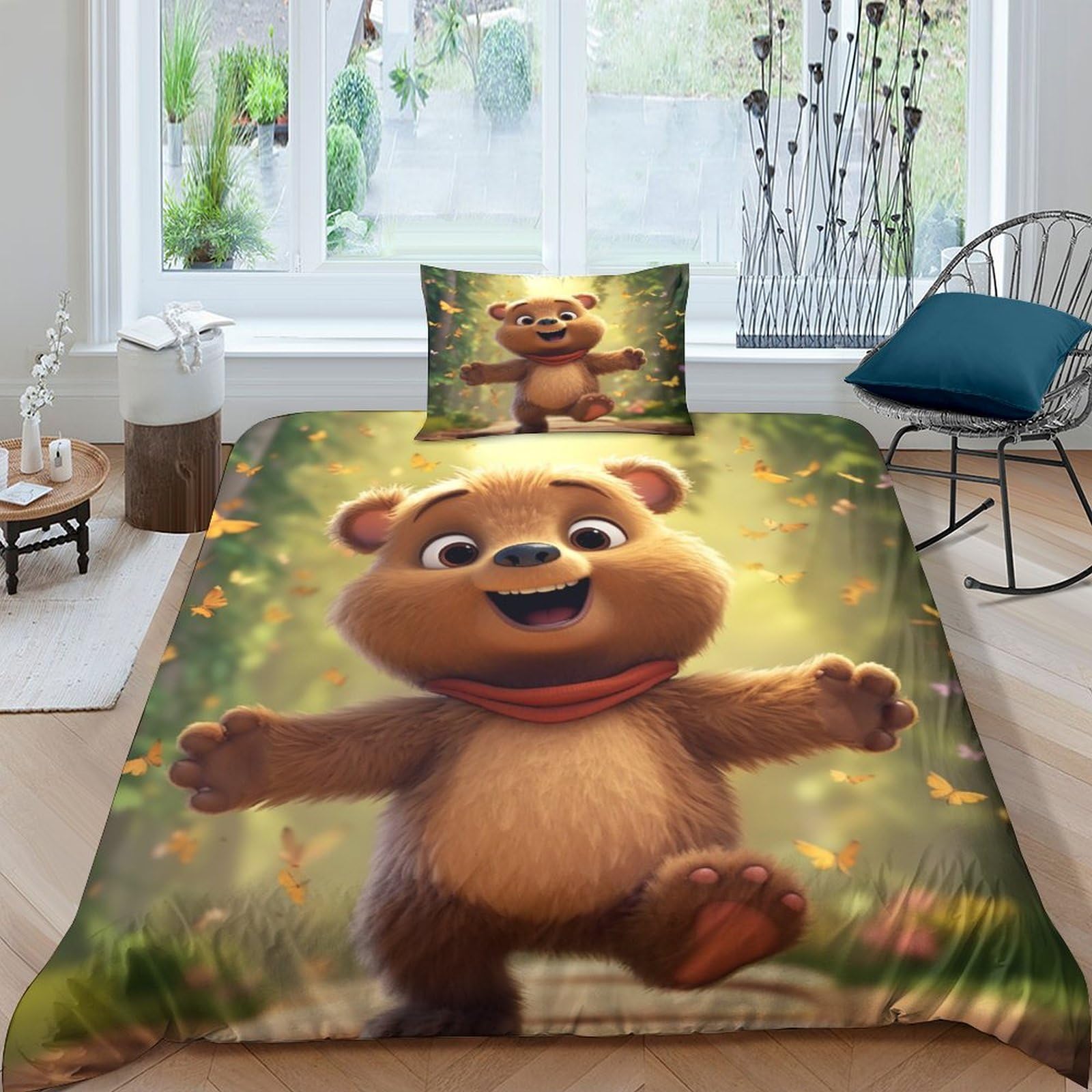 Housse de couette ours mignon 135x200 parure de lit enfant fermeture éclair 3 pièces