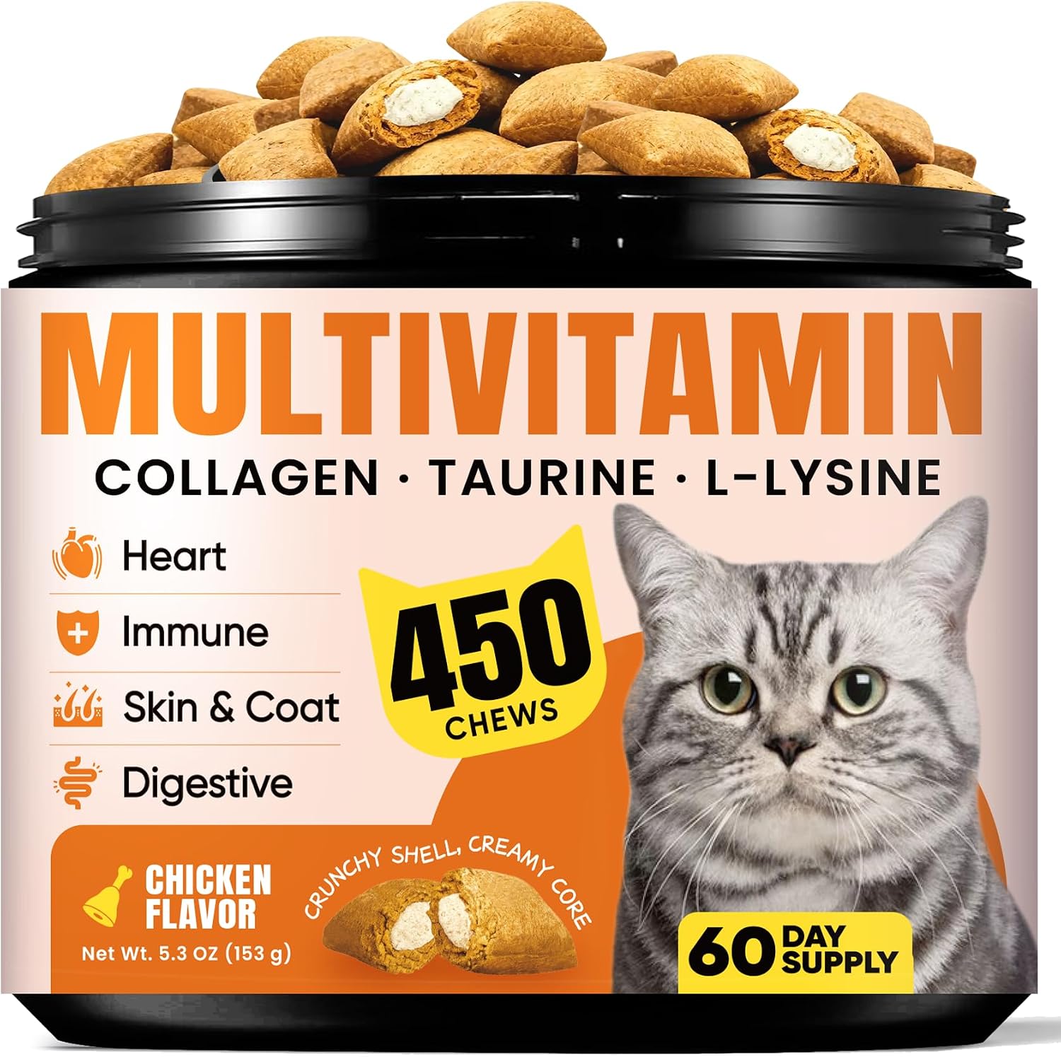 Cat Vitamin Treats L-Lysine & Taurine 12 Vitamins 5 Minerals Multivitamin for Immune Joint Skin - 450 Chews