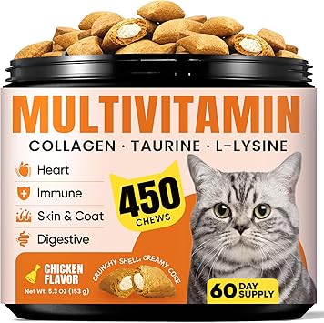 Cat Vitamin Treats with L-Lysine & Taurine 12 Essential Vitamins & 5 Minerals, Cat Multivitamin Supplement for Immune, Joint & Skin Support, Daily Health Formula for Indoor & Senior Cats 450 Chews