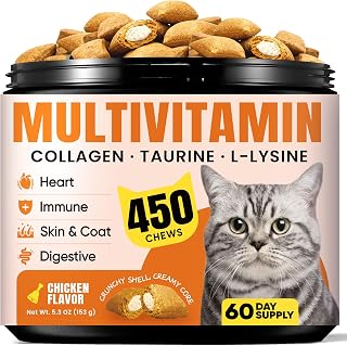 Cat Vitamin Treats with L-Lysine & Taurine – 12 Essential Vitamins & 5 Minerals, Cat Multivitamin Supplement for Immune, Joint & Skin Support, Daily Health Formula for Indoor & Senior Cats – 450 Chews