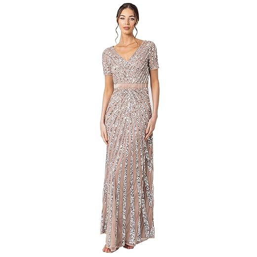 Maya Deluxe Women's Maxi, Embellished Sequin Dress, Long, Short-Sleeved, V-Neck, High Empire Waist, A-Cut, Shiny, Prom, Wedding, Bridesmaid Dress