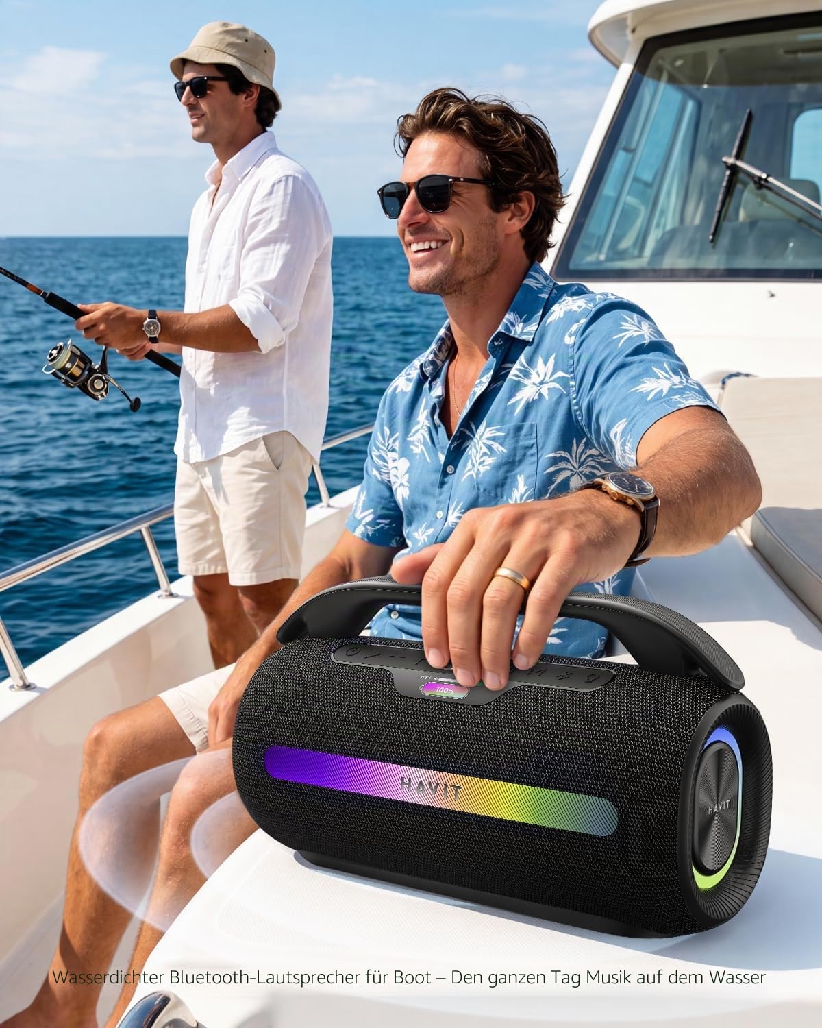 havit 120W MAX Outdoor Lautsprecher, IPX6 Wasserdichter Tragbarer Bluetooth Lautsprecher mit 2.2 K, 16H+ Spielzeit, RGB-Lichter, USB-C, Powerbank, Custom EQ, AUX/DSP für Camping, Strand, Garten