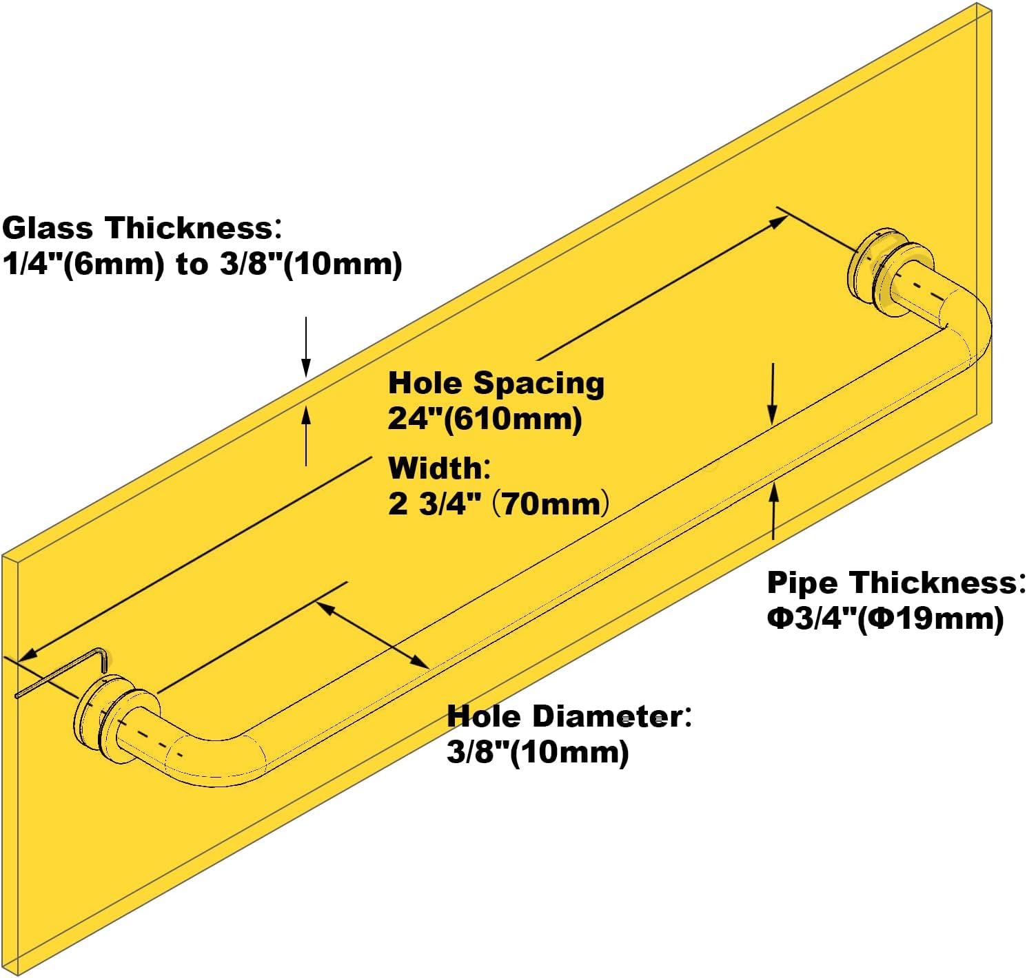 24" Shower Door Towel Bar, Single Side Round Shape Handle Compatible with 1/4" to 1/2" Thickness Glass for Shower Doors, Stainless Steel Towel Rack Handle Replacement in Brushed Nickel