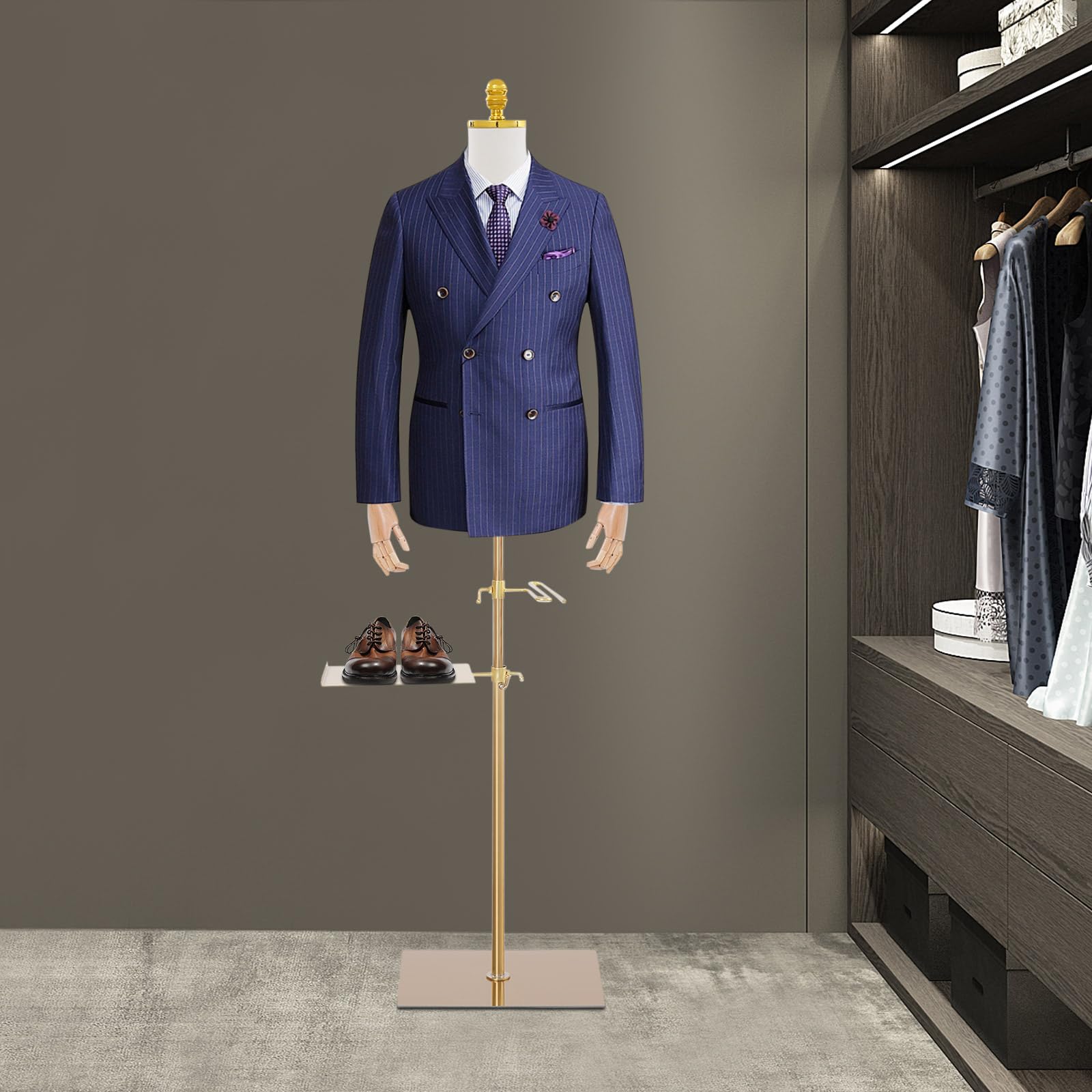 Schaufensterpuppe Männliche Verstellbare Höhe 70-130cm Mannequin Herren mit Holz Armen + Hosenständer + Schuhständer Kleiderform Verstellbarem Torso & Pose Kleiderpuppe für Boutiquen, Geschäfte
