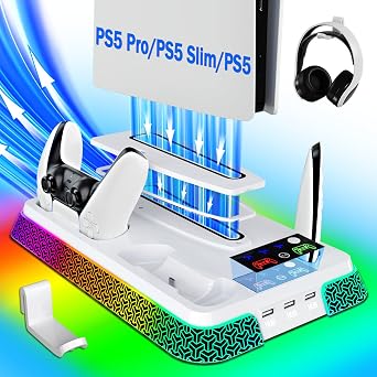 PS5/Slim/Pro Stand and Cooling Station with LED Controller Charging Station for PlayStation 5 Console,Accessories Incl.Controller Charger,PS5 Cooling Fan,Headset Holder,3 USB Hubs pyramid-white