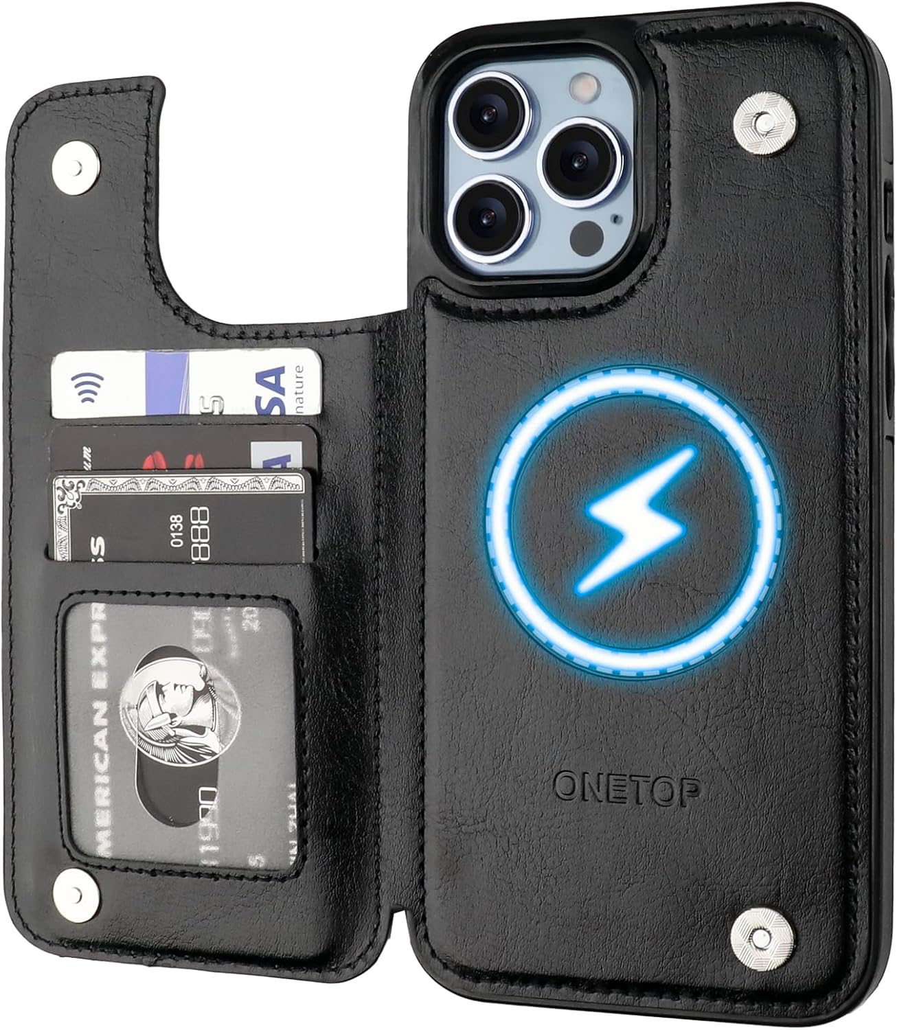 ONETOP Compatible with Magsafe for iPhone 13 Pro Max Wallet Case with Card Holder, PU Leather Kickstand RFID Blocking Case, Double Magnetic Clasp and Durable Shockproof Cover 6.7 Inch (Black)
