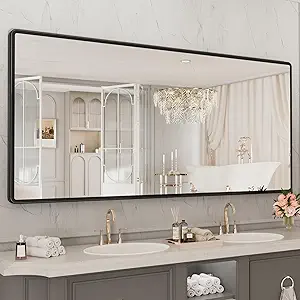 New Upgrade Bathroom Mirror, 77X36 Inch Black Metal Frame Wall Mounted Rounded Rectangle Bathroom Vanity Mirror with Tempered Glass for Washroom Bedroom Living Room