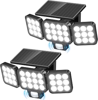 WdtPro 3500LM Solar Motion Sensor Flood Lights Outdoor - 3 Adjustable Heads, Upgraded Glass Panel, Waterproof Security Spotlights for Yard, 2 Pack