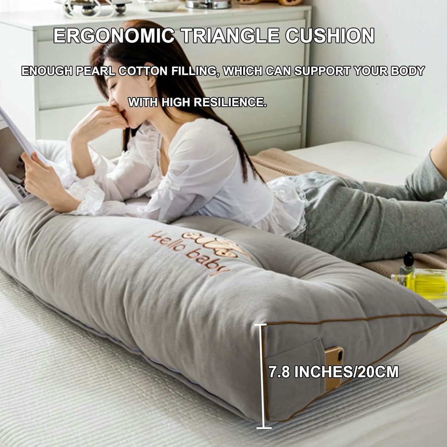 Triangular Wedge Headboard Pillow,Fleece Triangle Cushion Reading Pillow Bed Back Positioning Support Backrest Solid Color Large Bolster with Removable Cover~/