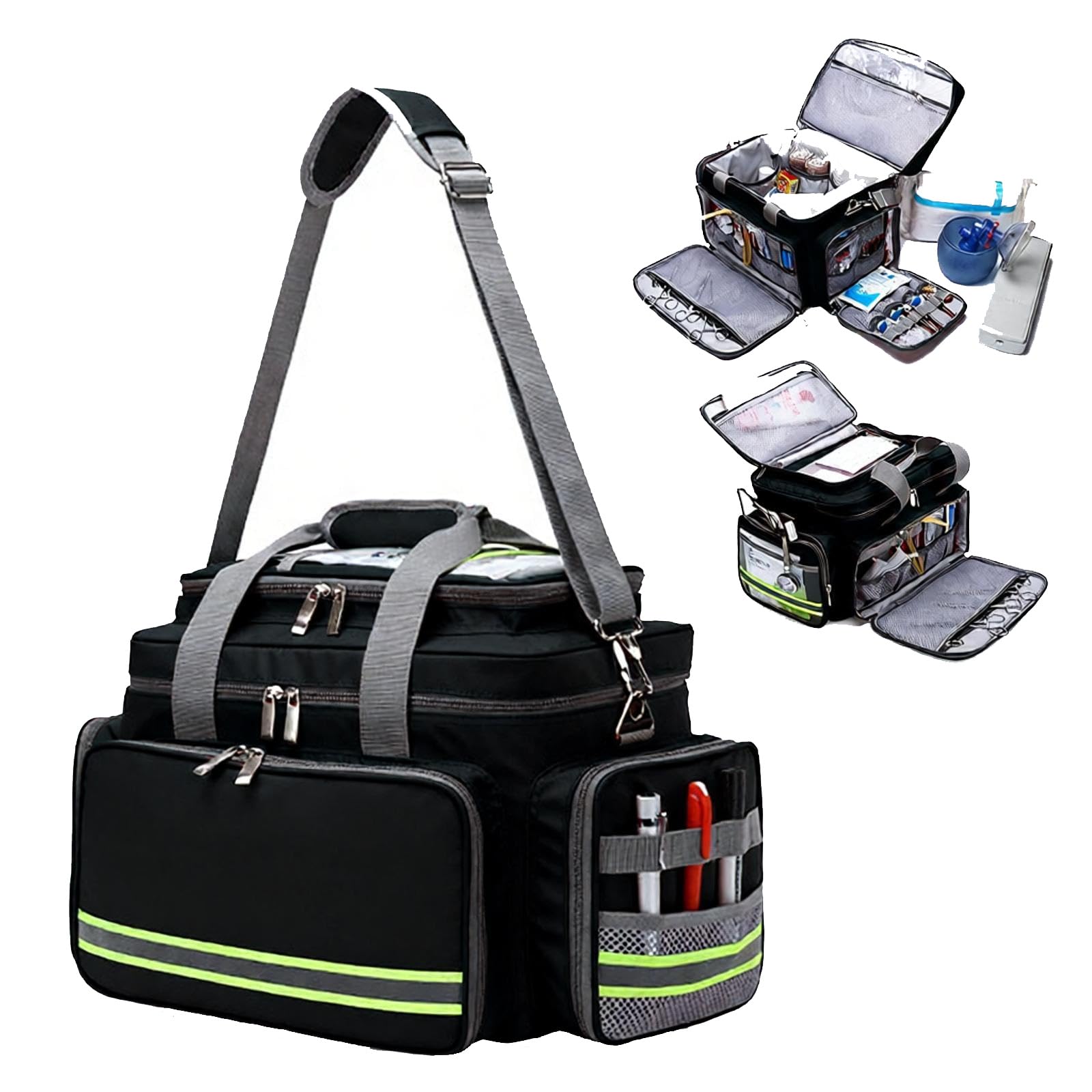 Bolsa de emergencia con múltiples bolsillos, mochila portátil de primeros auxilios con asa y correa para el hombro, diseño de tira reflectante para cuidado de la salud, viajes y rescate al aire libre